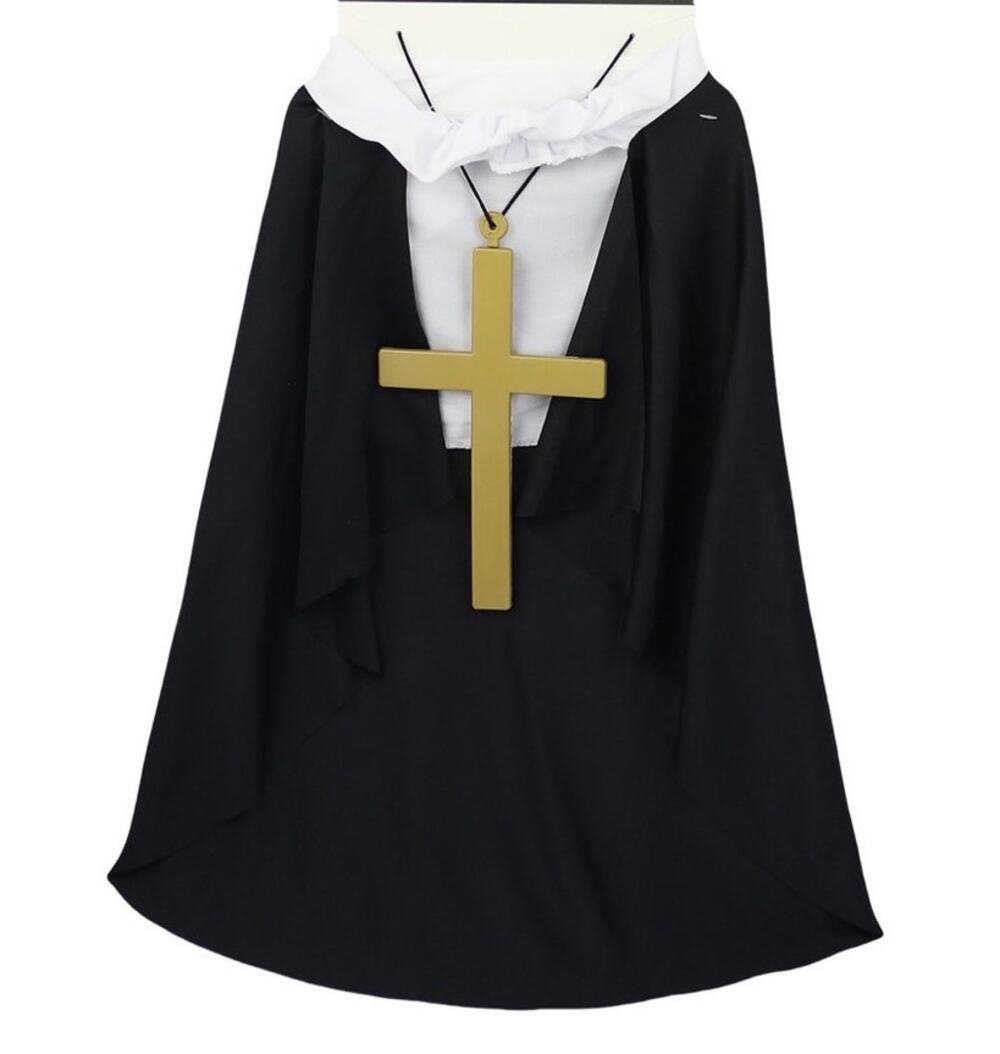 New Kids Nun Costume Set – Black Dress 26" Length & Cross Pendant, Bib OS Read